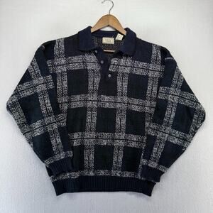 Vintage Bugle Boy Sweater mens Large Blue Knit Collared Plaid Check Golf Grandpa